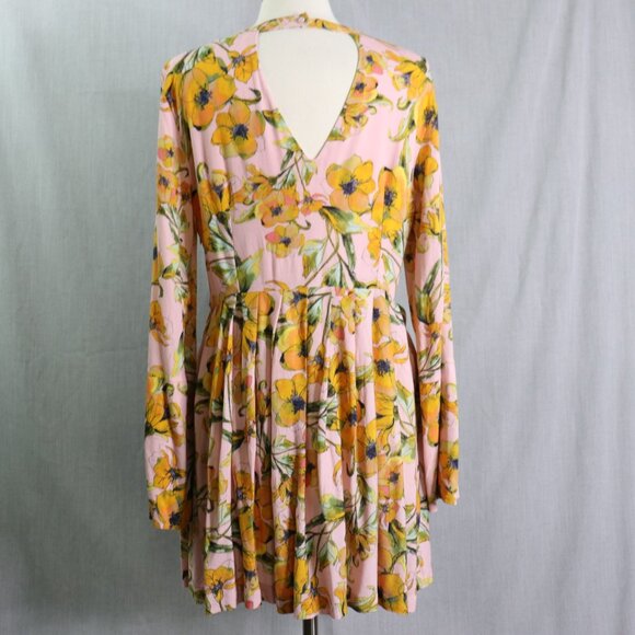 Free People Tegan Mini Dress 12 Pink Orange Floral Long Bell Sleeve V-Neck Pleat - Picture 16 of 16